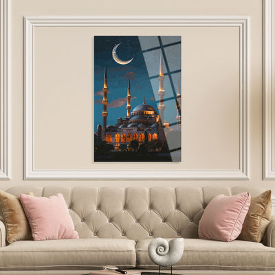 Blue Mosque in Moonlight Glass Wall Art - WTC060